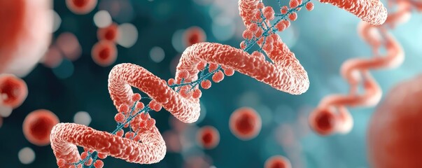 Aufkleber - 3D illustration of DNA strand with red cells on a blue background.