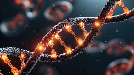 Poster - Illuminated DNA strand with glowing nodes on a dark background.