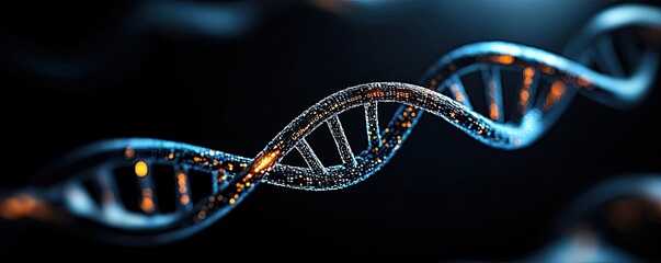 Poster - 3D rendering of DNA strands with glowing effects on a dark background.