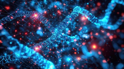 Poster - Abstract molecular structure with luminous blue and red particles on a dark backdrop.