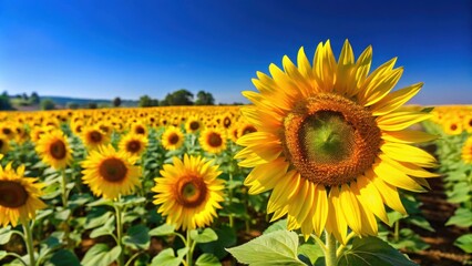 Wall Mural - Bright yellow sunflower flowers against a clear blue sky in a rural landscape, representing a sunflower harvest, Sunflower