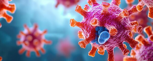 Poster - Close-up of vibrant virus cells on a blue background, illustrating microbiology
