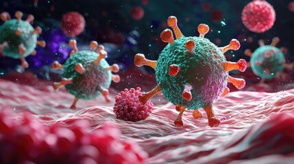 Poster - Detailed illustration of virus particles with vibrant colors on a textured surface.