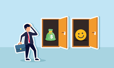 A businessman is confused between two doors, one with a money bag and the other with a smiling emoji, illustration of the dilemma between profit and appreciation or engagement