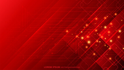 Wall Mural - bright red high-tech digital background. dynamic circuit lines, geometric shapes, squares, and glowi