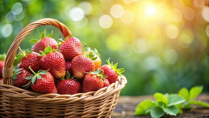 Close-up of ripe organic strawberry in basket against green garden background with bokeh, strawberry, fresh