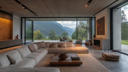 Sticker - A large living room with a fireplace and a view of mountains