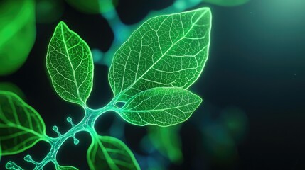 Poster - Close-up of glowing green leaves against a dark background.