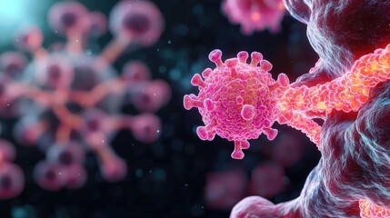 Poster - Colorful 3D illustration of viruses interacting with cells, on dark background.