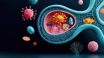 Poster - Colorful microscopic view of cells and microorganisms in a detailed design.