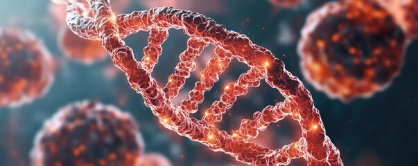 Poster - Close-up of DNA structure with glowing elements on a dark background.