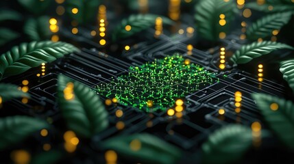Aufkleber - Green plants growing on a circuit board, symbolizing nature and technology integration.