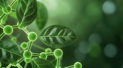 Poster - Close-up of green leaves with molecular structure, vibrant natural background.