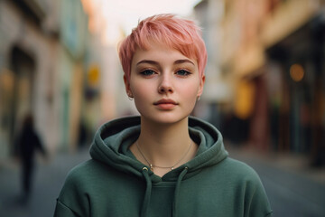 Woman with pink hair and green hoodie posing with street art graffiti, vibrant colors contrast with urban backdrop, displaying confidence and style.