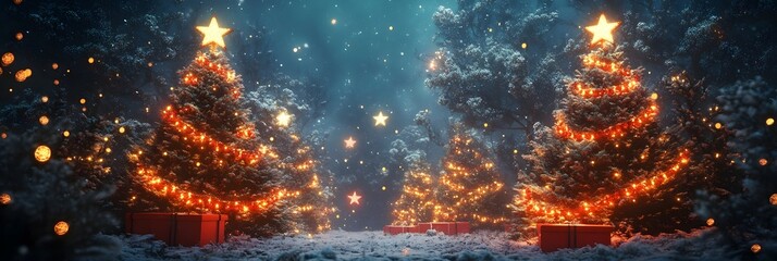 Canvas Print - Illuminated christmas trees with red and golden garlands into a forest with snowy flakes with shape of stars close to xmas gifts in red boxes