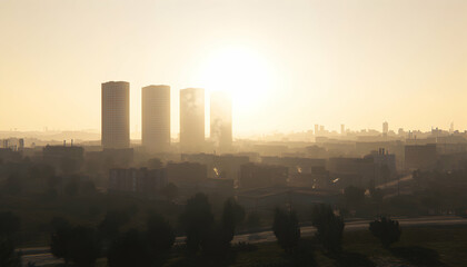 Wall Mural - A hazy sunrise over a city with three tall buildings silhouetted in the foreground.