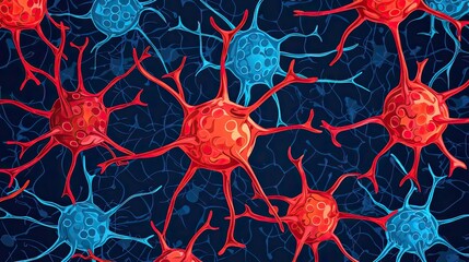 Poster - Colorful neuron cells, vibrant scientific illustration on dark background