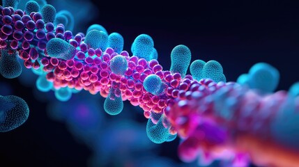 Poster - Colorful microscopic view of bacteria in vibrant hues on a dark background.
