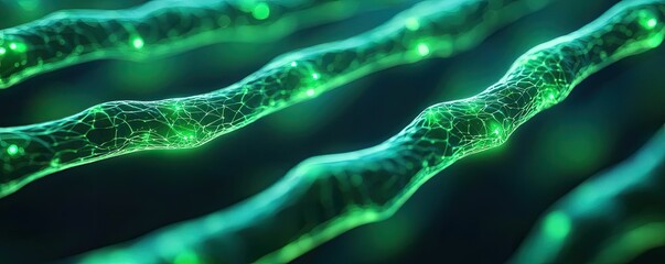 Poster - Close-up of green cellular structure with a glowing effect on a dark background.