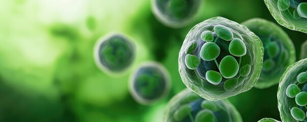 Poster - Microscopic view of green cells on a soft background, showcasing cellular structure.