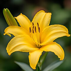 Beautiful yellow lily flower on a background of green foliage.