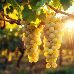 Bunch of ripe white grapes in vineyard at sunset.