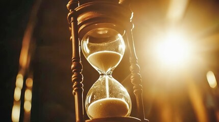 Time's Unfolding Sands: A close-up of an antique hourglass, sunlight filtering through the glass, highlighting the delicate flow of sand as time relentlessly marches on.  