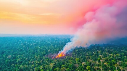 Poster - Aerial view of forest fire creating smoke over lush green trees at sunset.