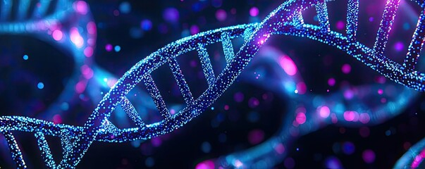 Poster - Colorful DNA double helix structure against a dark background, glowing effect.