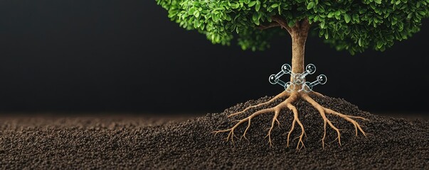 Poster - Tree with roots and soil on a dark background.