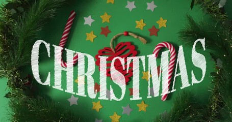 Poster - animation of christmas text over christmas decoration background