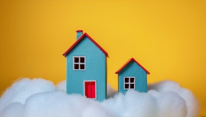 blue house in the cloud on yellow background, real estate market