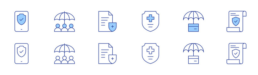 Insurance icon set in two styles, Duotone and Thin Line style. Editable stroke. medical insurance, smartphone, insurance