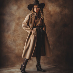 portrait of a well dressed for fall weather woman inside with lights and shadows