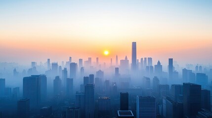 Poster - City skyline at sunrise with misty atmosphere and silhouettes of skyscrapers.