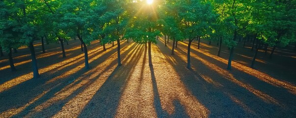 Aufkleber - Sunlight filters through trees, casting shadows on a forest floor.