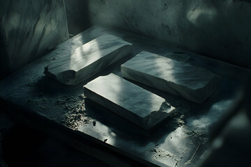 Sticker - Three unfinished marble slabs sit on a dusty workbench, bathed in dappled sunlight.