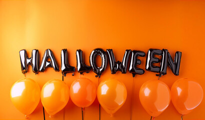 Balloons with the word Halloween on an orange background