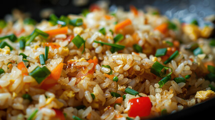 Delicious fried rice with colorful vegetables and fresh herbs, showcasing vibrant mix of flavors and textures. Perfect for satisfying meal or side dish