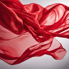 A flowing red fabric suspended in mid-air, creating a soft, graceful motion on a light background. Ideal for elegant designs, fashion concepts, or dynamic backgrounds with a luxurious feel.