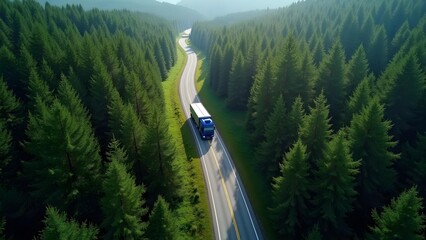 Blue Truck on a Serpentine Forest Road