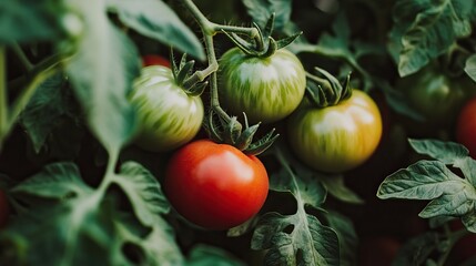 Red and Green Tomatoes Growing on a Vine