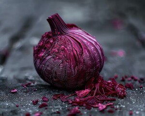 Sticker - A red onion with its skin peeled off. AI.