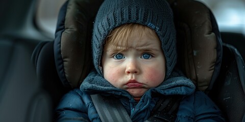 Wall Mural - A child in a blue hat and jacket sits in a car seat. AI.