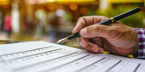 Canvas Print - A person writing on a piece of paper with a pen. AI.