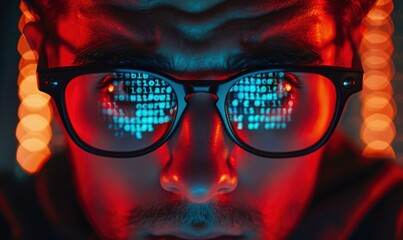 Sticker - A close-up of a person wearing glasses with code reflected in the lenses. AI.