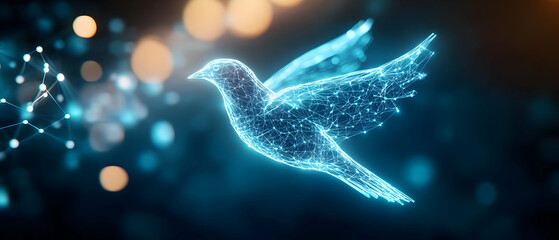 Poster - A glowing digital representation of a bird in flight, showcasing intricate details and vibrant colors against a soft background.