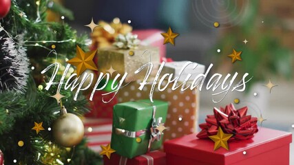 Poster - animation of happy holidays text over christmas decorations background