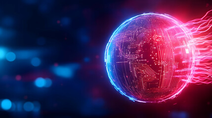 Poster - Futuristic glowing digital globe with vibrant neon colors on a dark background.