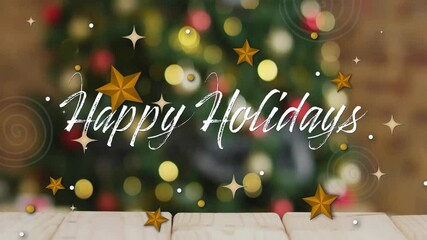 Poster - animation of happy holidays text over christmas decorations background